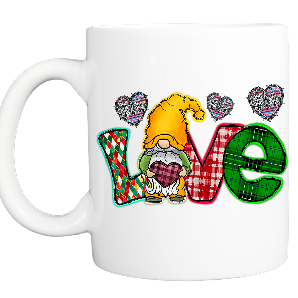 Personalized Valentine Coffee Mug: "Love" Gnome - 11 or 15 Oz with Box - White - FREE SHIPPING