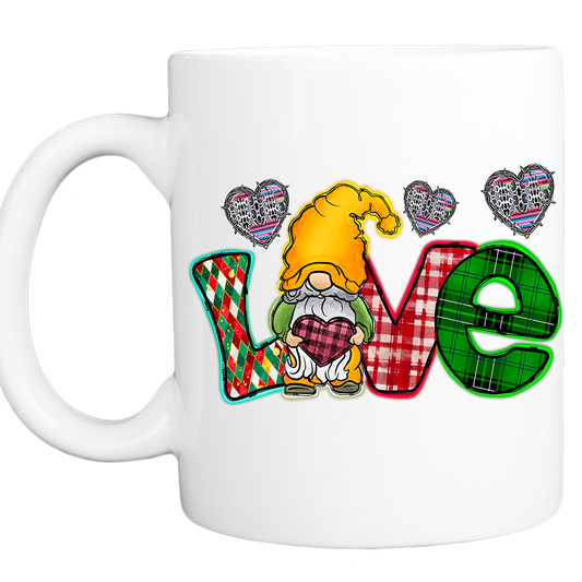 Personalized Valentine Coffee Mug: "Love" Gnome - 11 or 15 Oz with Box - White - FREE SHIPPING