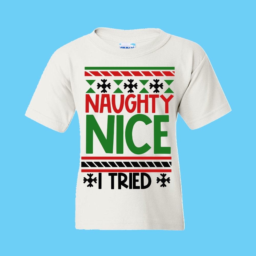 Christmas T-Shirt: Ugly "Naughty - Nice, I Tried" - FREE SHIPPING