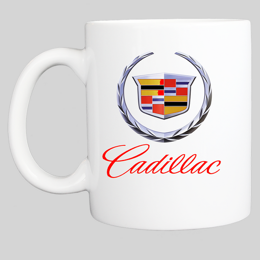 Coffee Mug: Cadillac Logo - 11 or 15 Oz with Red Lettering - White - FREE SHIPPING