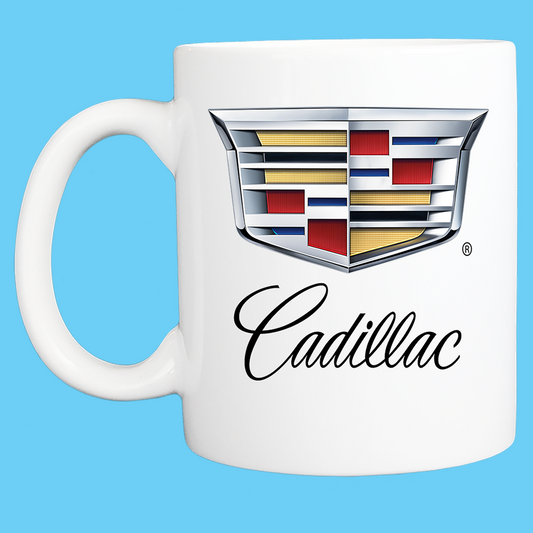Coffee Mug: Cadillac Logo - 11 or 15 Oz with Black Lettering - White - FREE SHIPPING