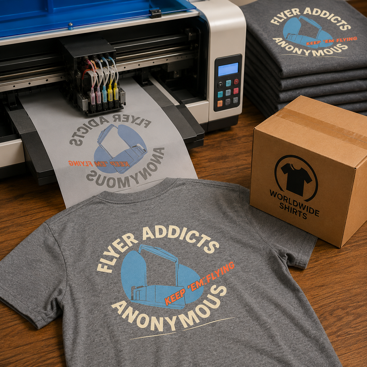 Gray t-shirt with 'Flyer Addicts Anonymous' design, printer, and stacked t-shirts in the background.