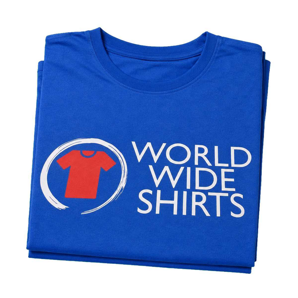 A folded royal blue t-shirt featuring a white circular logo with a small red t-shirt icon and the text 'WORLD WIDE SHIRTS' printed in white on the front, set against a plain white background.