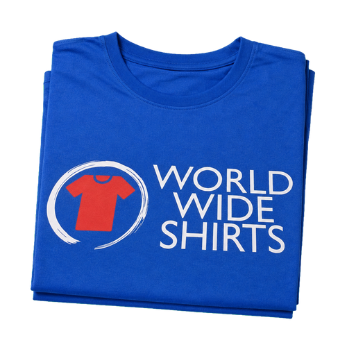 A folded royal blue t-shirt featuring a white circular logo with a small red t-shirt icon and the text 'WORLD WIDE SHIRTS' printed in white on the front, set against a plain white background.
