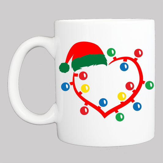 Personalized Christmas Coffee Mug: Santa Hat Heart and Lights (12)- FREE SHIPPING - 2 SIDED