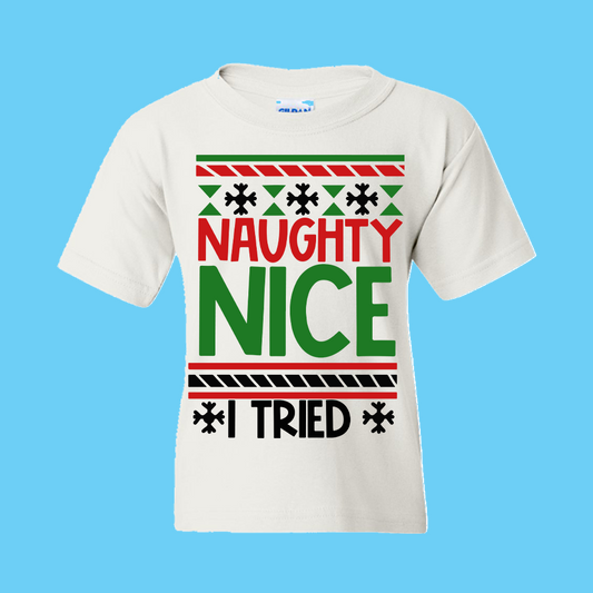 Christmas T-Shirt: Ugly "Naughty - Nice, I Tried" - FREE SHIPPING